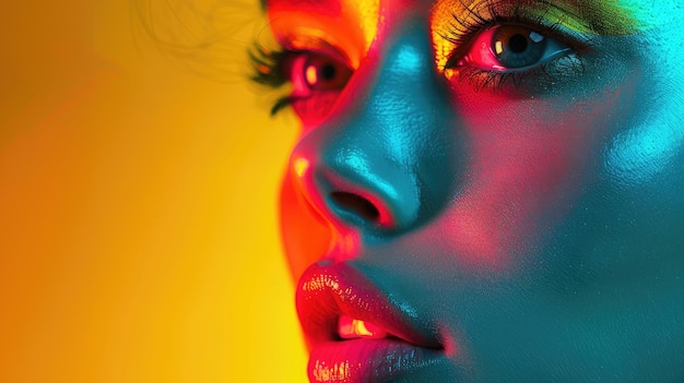 Vibrant CloseUp of Woman39s Face with Creative Neon Lighting and Reflective Makeup