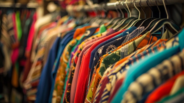 Vibrant clothes in a second hand shop arranged for resale seen up close