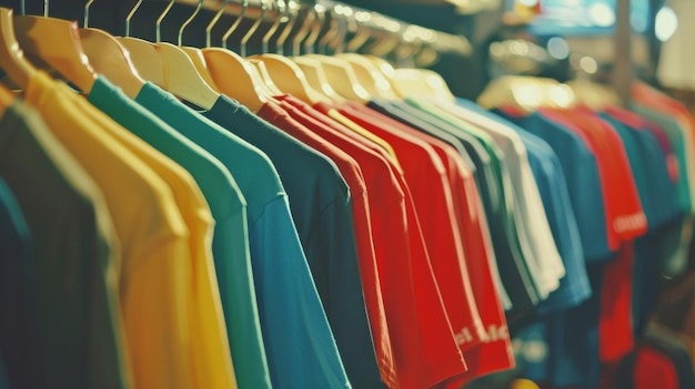 Vibrant clothing rack with a spectrum of colorful tshirts on display