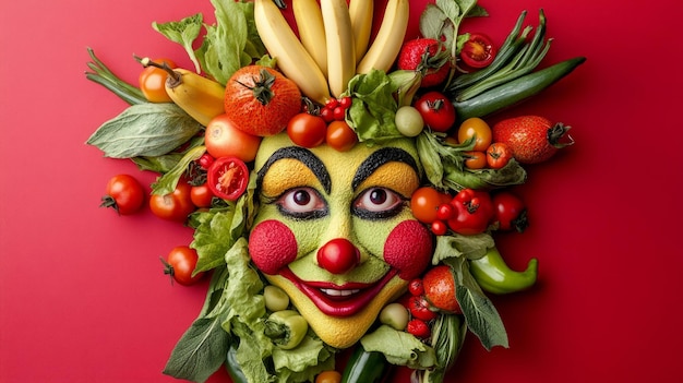 Photo a vibrant clown face made from an array of fresh fruits and vegetables the colorful design highlights the fun in healthy eating perfect for food campaigns or creative designs ai