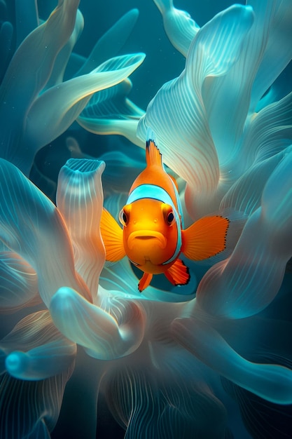 Vibrant Clownfish Embraced by the Gentle Tentacles of a Sea Anemone in the Depths of the Ocean