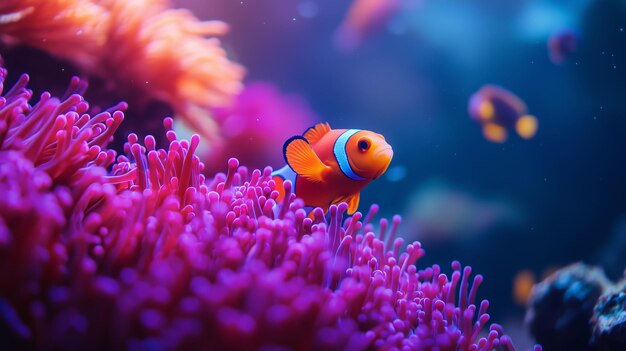 Photo a vibrant clownfish swimming among colorful anemones in a lively coral reef environment