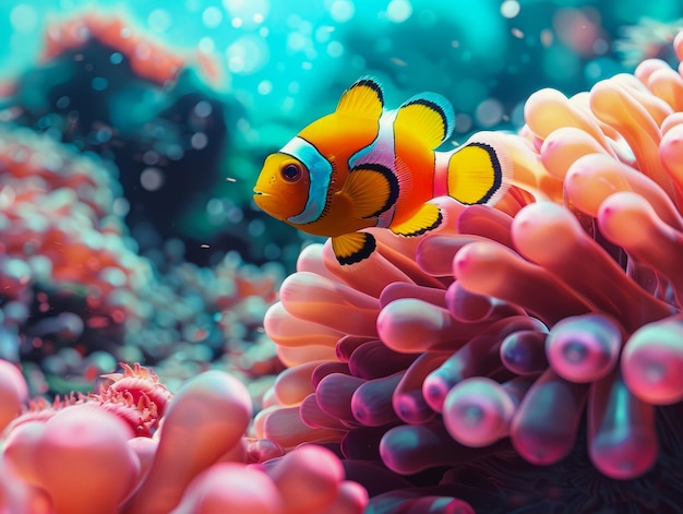 Vibrant Clownfish Swimming Amongst Colorful Coral Reefs in a Tropical Underwater Seascape