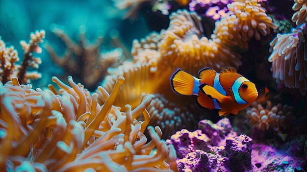 Vibrant clownfish swimming among coral reefs in tropical waters