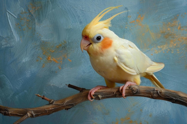 Vibrant cockatiel perched on a tree branch looking curiously at the camera