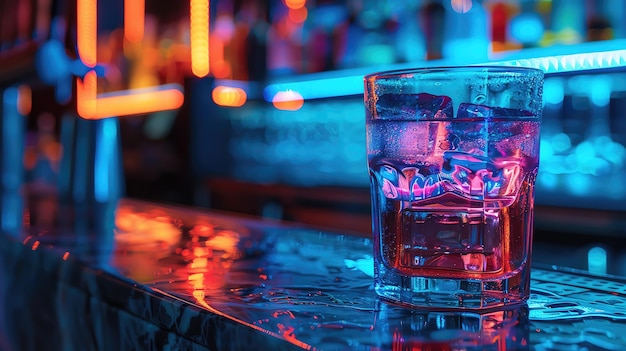 Vibrant cocktail glass with ice on a neonlit bar counter in a nightlife setting showcasing a trendy and colorful ambiance