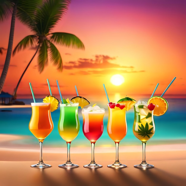 Vibrant Cocktails by the Beach at Sunset Tropical Paradise Illustration