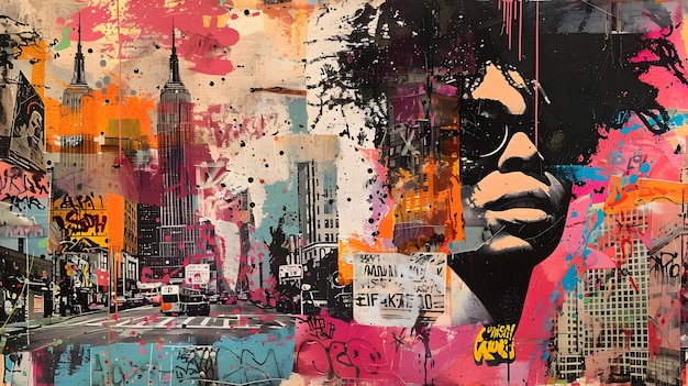 Vibrant Collage Inspired Urban Landscape with Gritty Graffiti and Mixed Media Elements