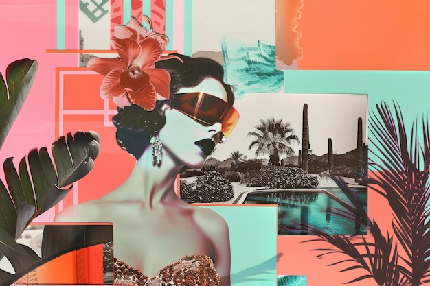 Vibrant Collage of Tropical Woman with Sunglasses and Floral Motifs