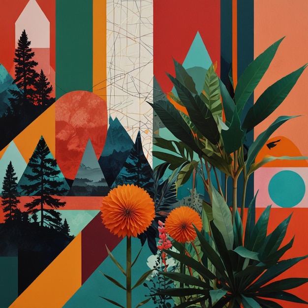 A vibrant collage of various elements combining nature abstract and geometric shapes