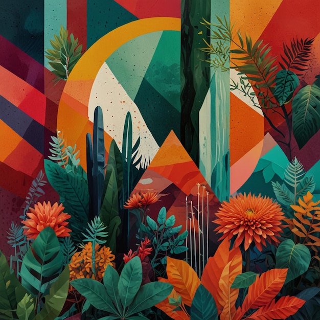 A vibrant collage of various elements combining nature abstract and geometric shapes