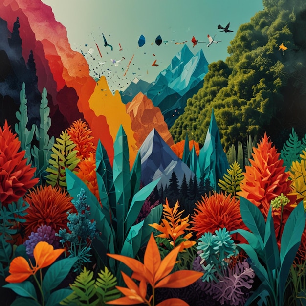 A vibrant collage of various elements combining nature abstract and geometric shapes