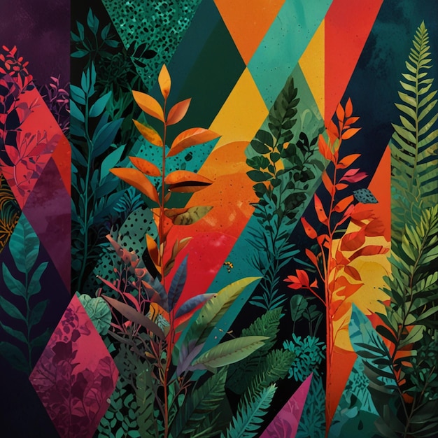 A vibrant collage of various elements combining nature abstract and geometric shapes