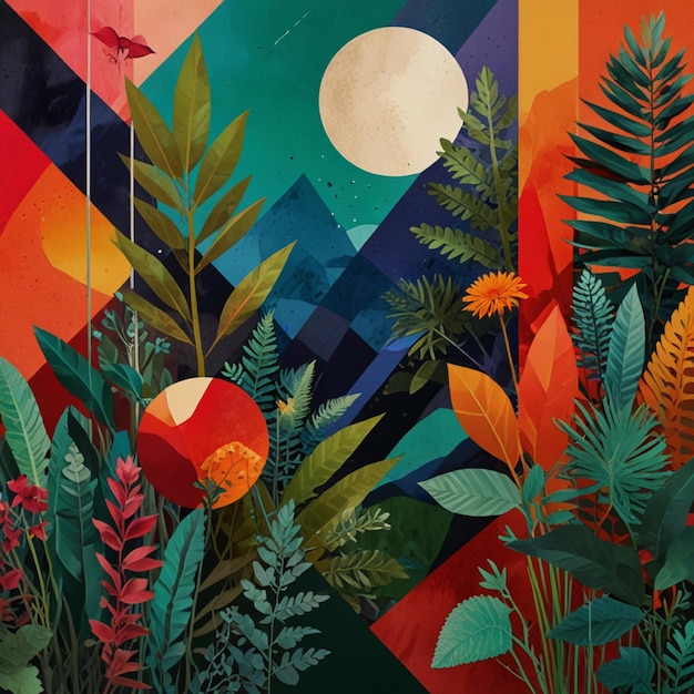 A vibrant collage of various elements combining nature abstract and geometric shapes