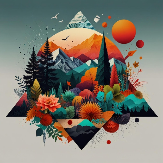 A vibrant collage of various elements combining nature abstract and geometric shapes