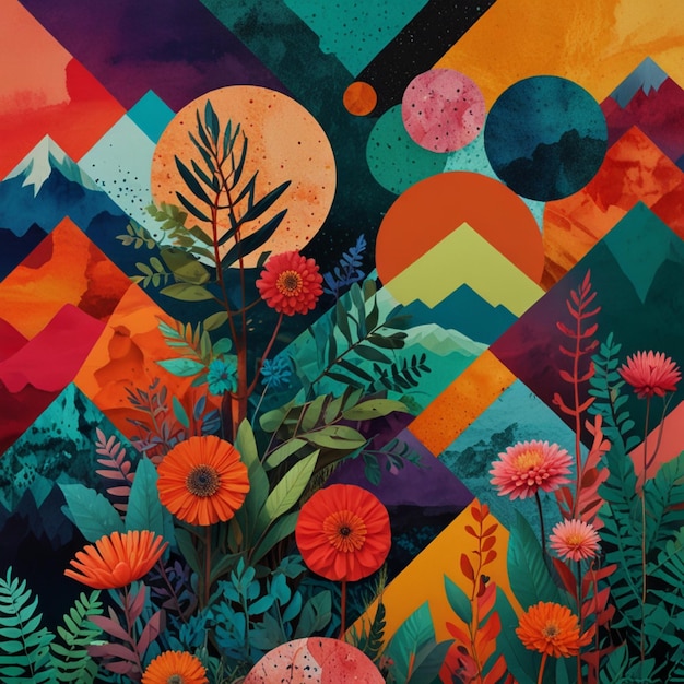 A vibrant collage of various elements combining nature abstract and geometric shapes