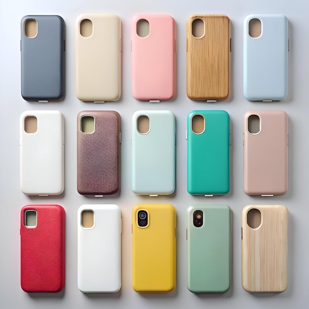 A vibrant collection of 14 colorful phone cases featuring a variety of textures and materials