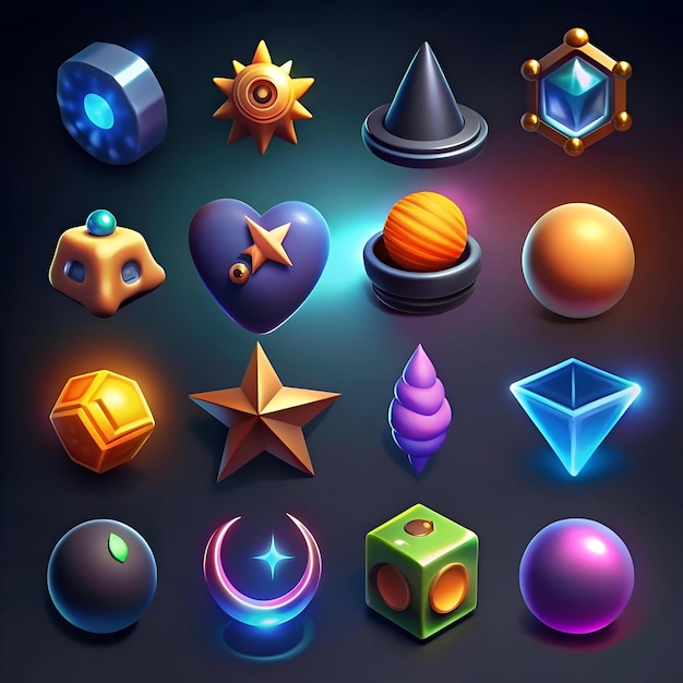 A vibrant collection of 16 3D icons featuring diverse shapes colors and textures