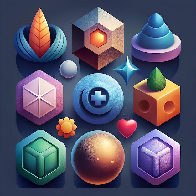 A vibrant collection of 3D icons featuring geometric shapes organic forms and symbols