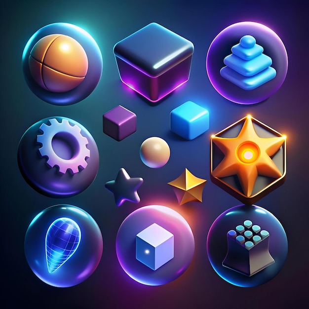 A vibrant collection of 3D icons with a futuristic neon glow