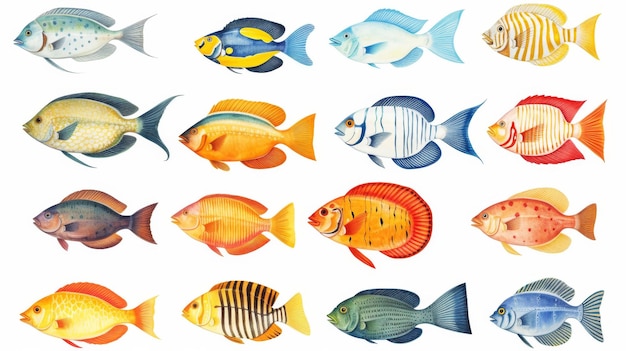 Photo vibrant collection of colorful fish against a clean white background