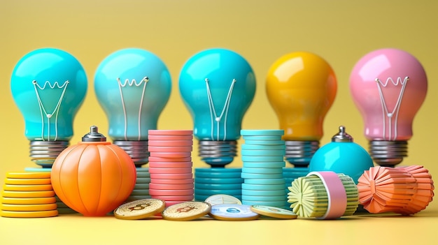 Photo a vibrant collection of financial and businessrelated icons is featured including light bulbs coins