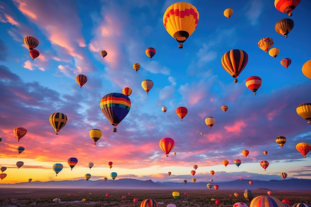 A vibrant collection of hot air balloons fills the sky with bold hues gracefully floating through the air Colorful hot air balloons filling the skies over Albuquerque New Mexico AI Generated