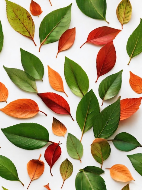 Photo a vibrant collection of leaves in various shapes on a white background