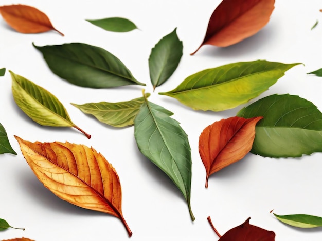 A vibrant collection of leaves in various shapes on a white background