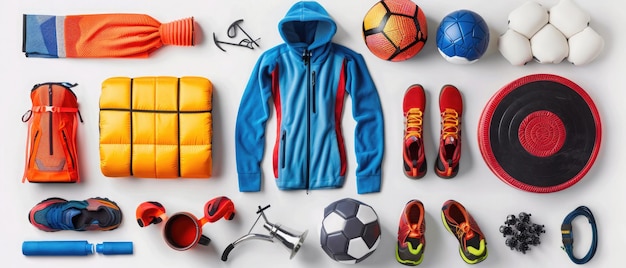 A vibrant collection of outdoor sports gear arranged aesthetically for an active day of play and adventure