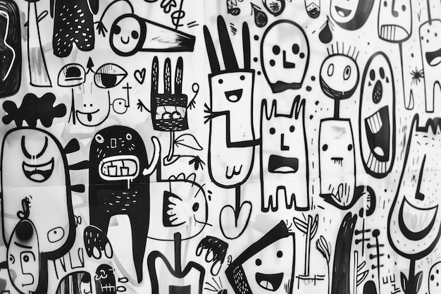 Photo a vibrant collection of playful abstract doodles featuring various characters and expressions on a white background