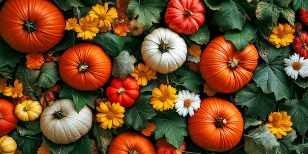 Photo a vibrant collection of pumpkins and flowers lay together on a bed of green leaves the cheerful orange white and yellow hues create a festive autumn atmosphere perfect for seasonal decor ai