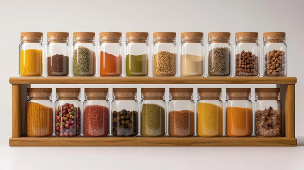 Photo a vibrant collection of spices displayed neatly on a wooden shelf showcasing a variety of colors and textures in a kitchen setting