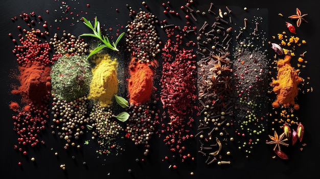 Photo vibrant collection of spices and herbs on a rich dark background