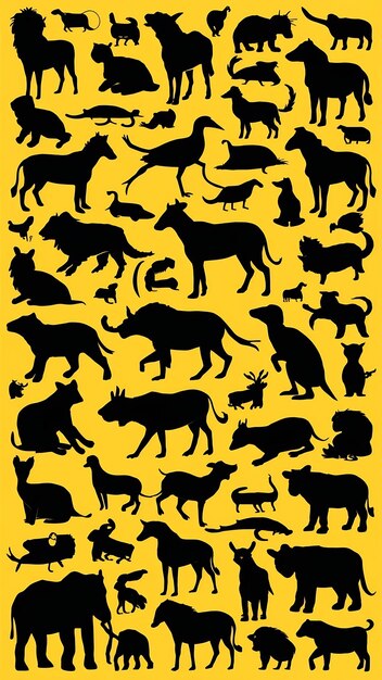 Photo a vibrant collection of various animal silhouettes in multiple poses on a bright yellow background