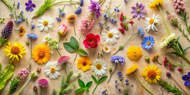 Vibrant Collection of Various Wild Flowers on Paper Background