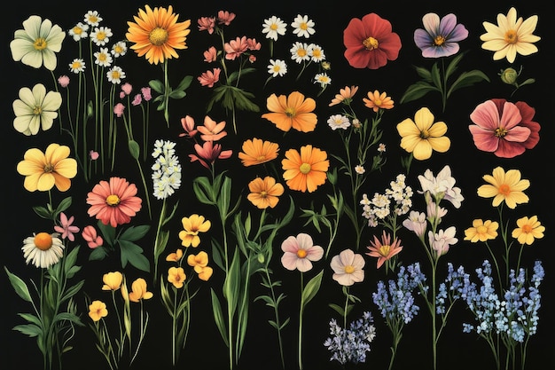 Photo a vibrant collection of wildflowers arranged against a black background in springtime