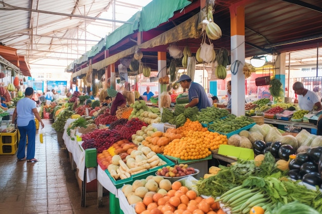 A vibrant colombian market filled with fresh produce and spices