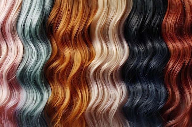 A vibrant color palette of hair extensions showcasing different shades and textures for various hai