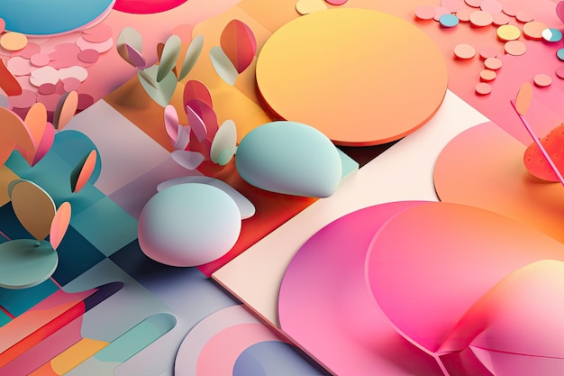 Vibrant color palette with pastel gradients and retro elements