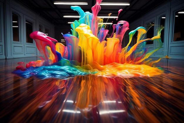 Vibrant color splash liquids gliding on transparent surface Generative Ai