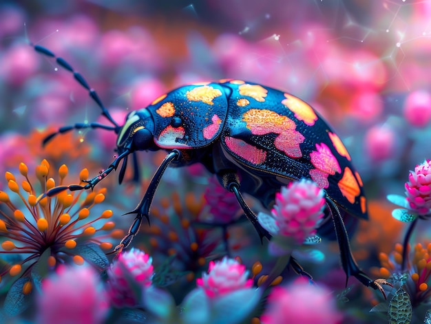 Vibrant Colored Beetle on Blossoming Flowers in a Dreamy Macro Nature Scene