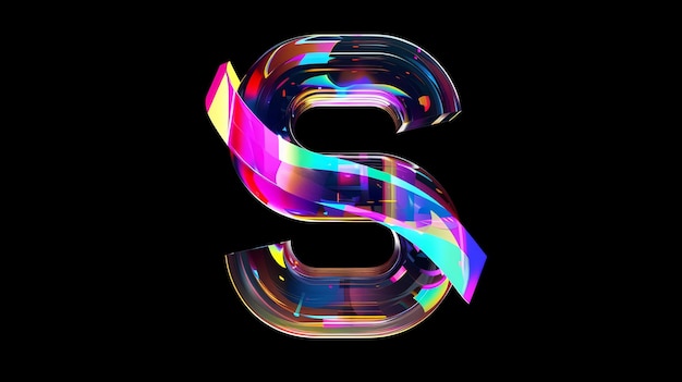 A vibrant and colorful 3D rendering of the letter S with iridescent and reflective textures against a black background