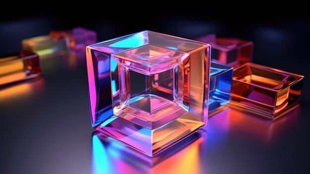 A vibrant and colorful abstract image featuring a group of glass cubes