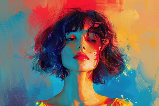 Vibrant Colorful Abstract Portrait of Woman with Short Hair