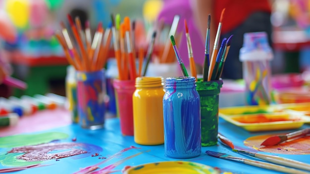 A vibrant and colorful art station with paintbrushes jars of paint in art classroom