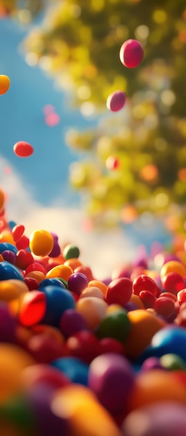 Photo vibrant and colorful candy scattered outdoors in a playful sunny setting capturing