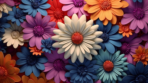 A vibrant and colorful closeup of various plastic flowers in shades of purple blue red orange and yellow arranged in a dense pattern