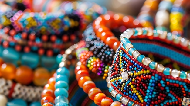 A vibrant and colorful collection of handmade beaded bracelets The bracelets are made from a variety of materials including glass wood and metal