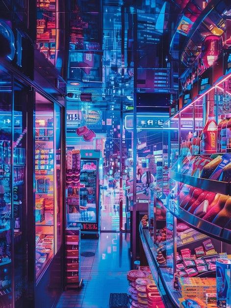 Photo a vibrant and colorful convenience store at night reflecting the city lights above this image